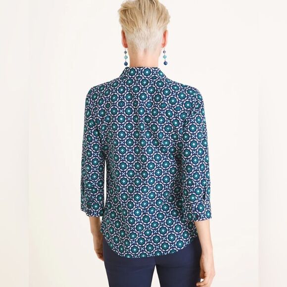 Chico's No Iron Cotton Square-Print Stain Shield 3/4 Length Sleeve Blouse Top - Picture 11 of 11